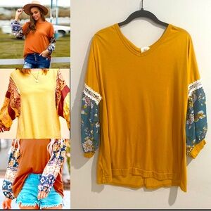 Emma + Grace Bohemian Golden Wheat Top with Green Floral Sheer Balloon Sleeves